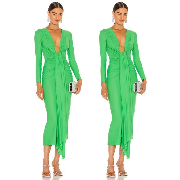 Solace London Dresses & Skirts - Solace London Lorena Midi Dress Knot Drape Front Plunge Neckline Sz 8 Green
